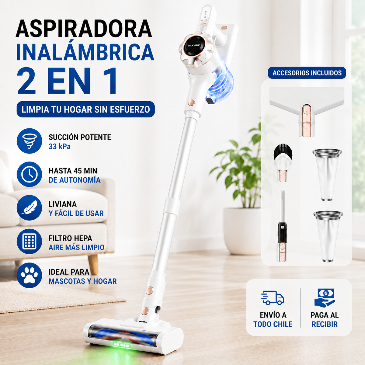 Aspiradora Inalámbrica 2 en 1 Blanca | Superligera y Portátil