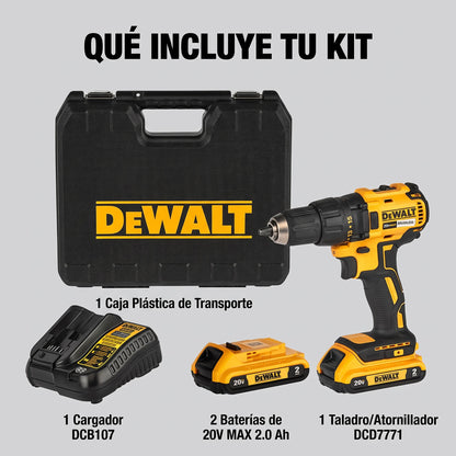 Qué incluye el kit DeWalt DCD7771: taladro, 2 baterías 20V MAX 2.0 Ah, cargador DCB107 y caja de transporte