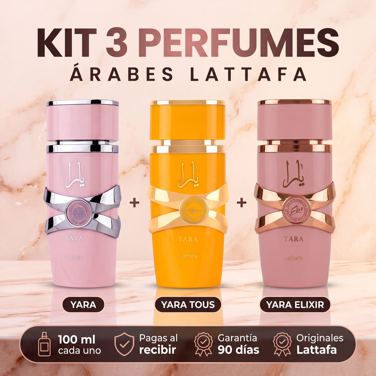 Kit 3 perfumes árabes Lattafa: Yara, Yara Tous y Yara Elixir 100 ml